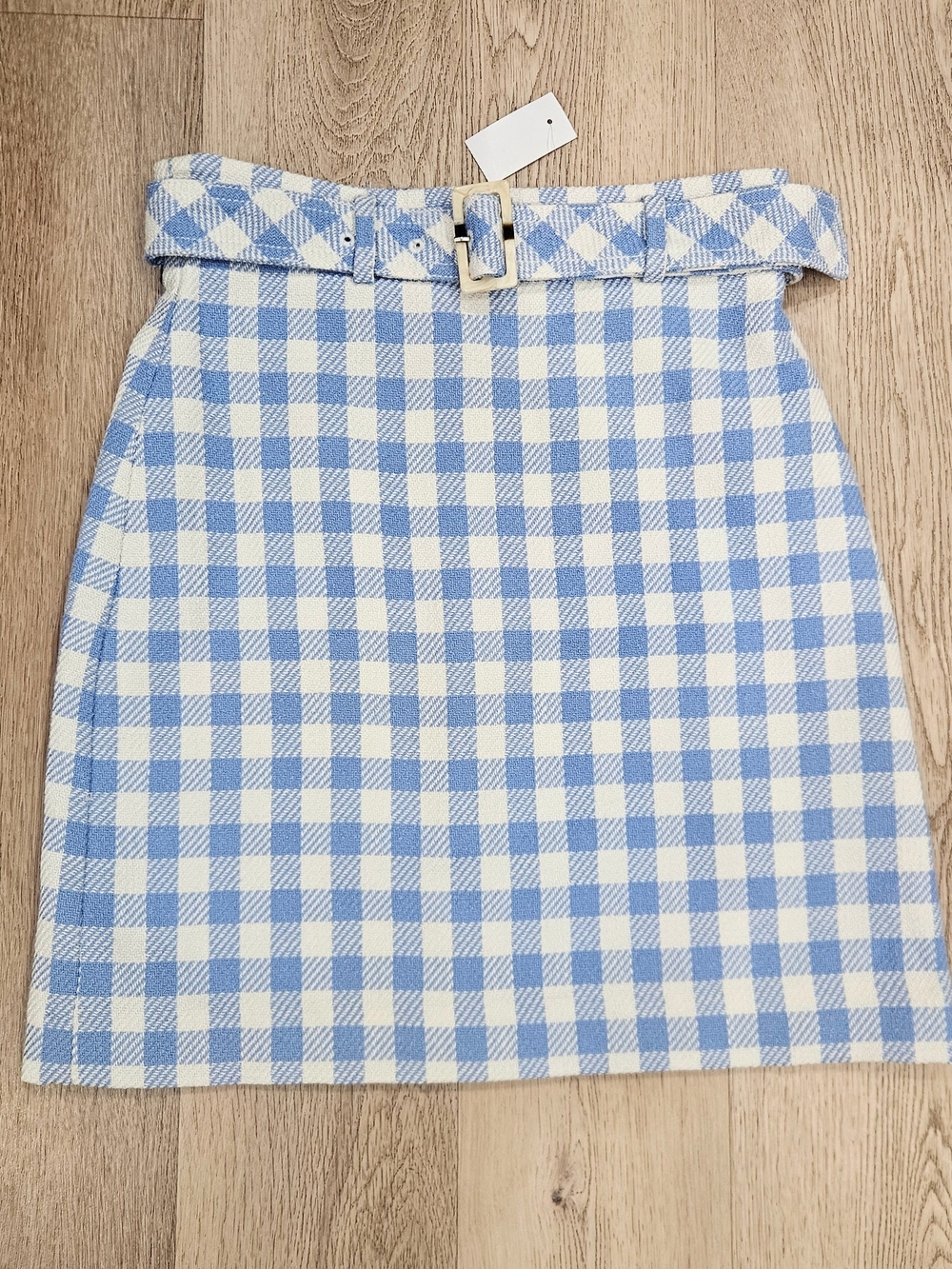 Ann Taylor Blue and White Gingham Belted Mini Skirt